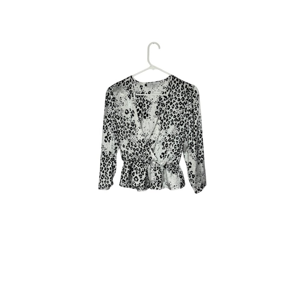 Revolve L'Academie Womens Leopard Print Wrap Top With Peplum Hem Black & White P